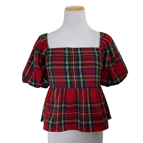 Francesca’s Plaid Peplum Smocked Puff Sleeve Top Sz S Red Holiday Short Sleeve - Picture 1 of 17
